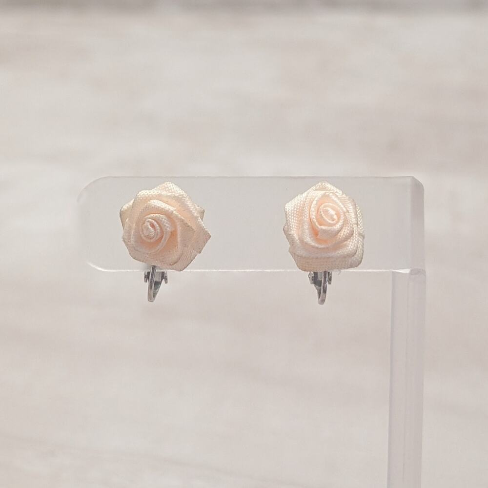 Vintage Clip On Earrings Very Light Peachy Pink Fabric Rose